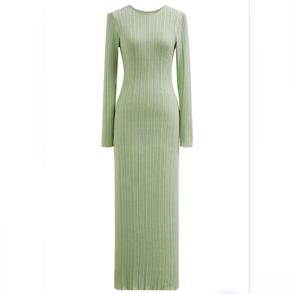 Stripe Texture Fitted Knit Maxi Dress In Pistashio - Picture 4 of 5